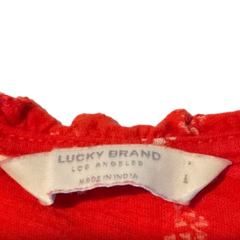 Lucky Brand Red Floral Smocked Blouse Short Sleeve Ruffle Neck Sz L - Picture 5 of 7